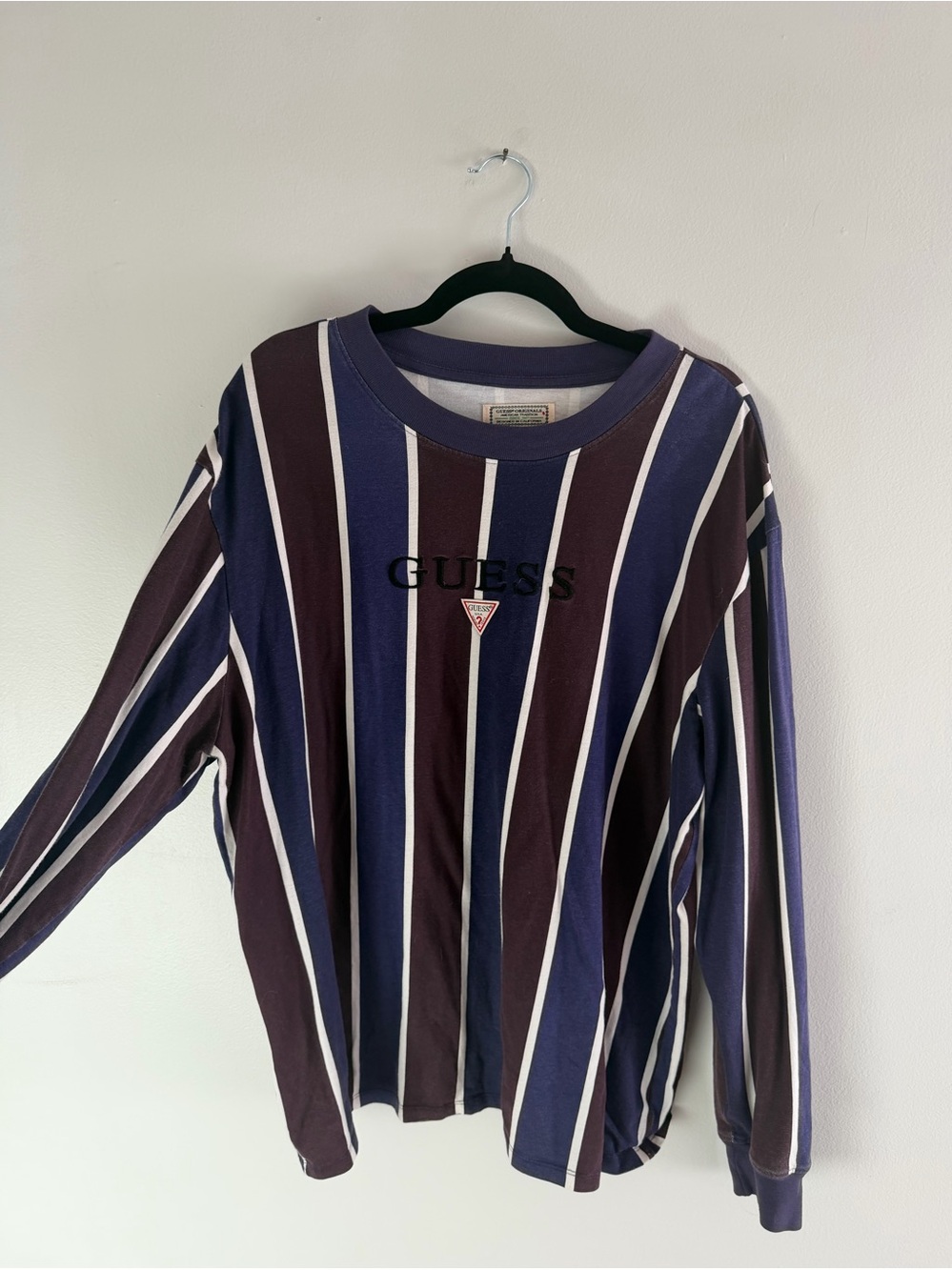 Vintage Men’s GUESS Striped Long Sleeve T-Shirt Purple Navy White Cotton Men XL